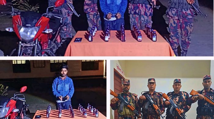 লালমনিরহাট সীমান্তে বিজিবি’র মাদক বিরোধী অভিযানে পনে ৩ লাখ টাকা মূল্যে ভারতীয় ইস্কাপ সিরাপসহ আটক-১